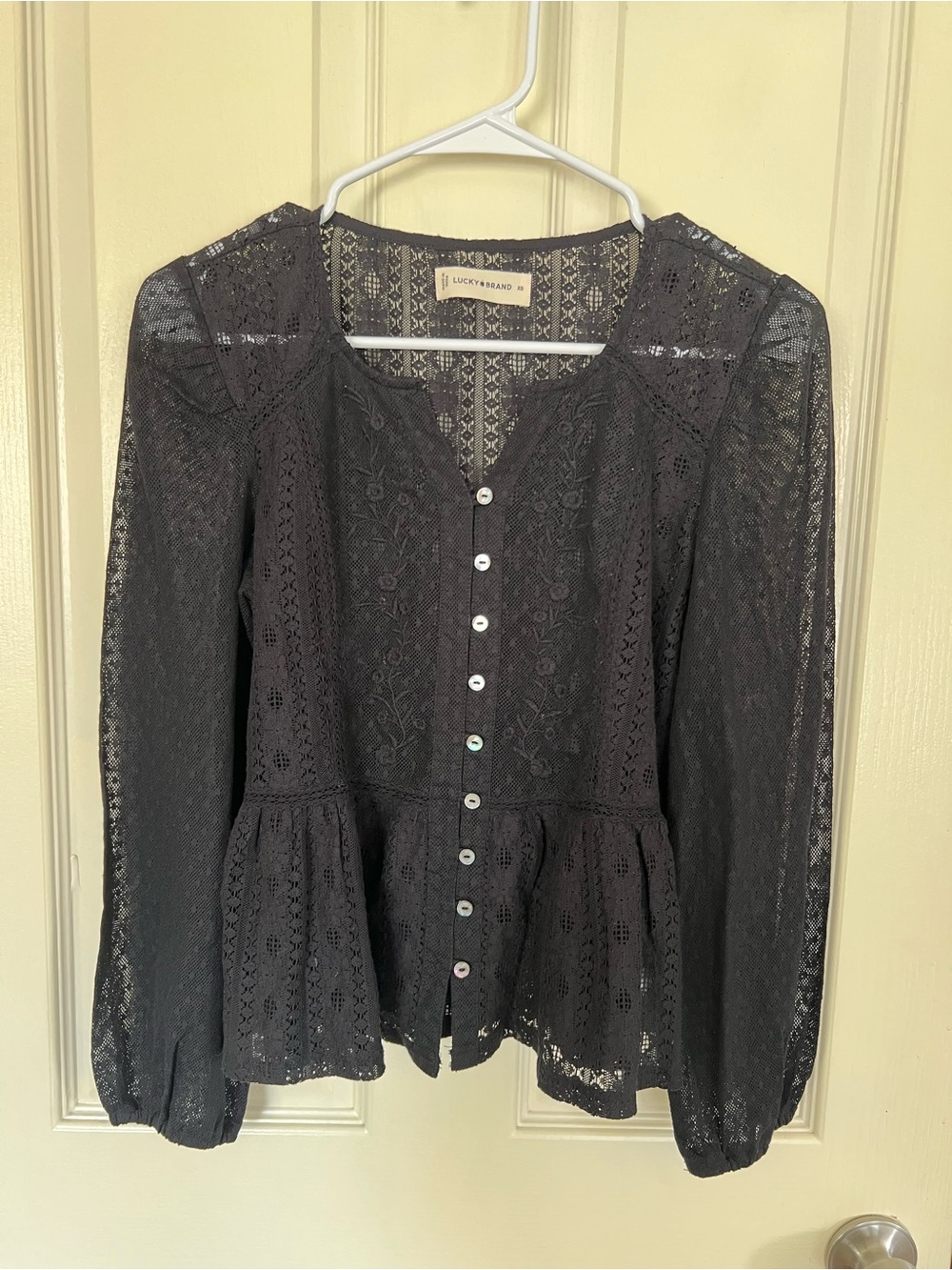 Lucky Brand XS Black Lace Embroidered Peplum Button Front Blouse